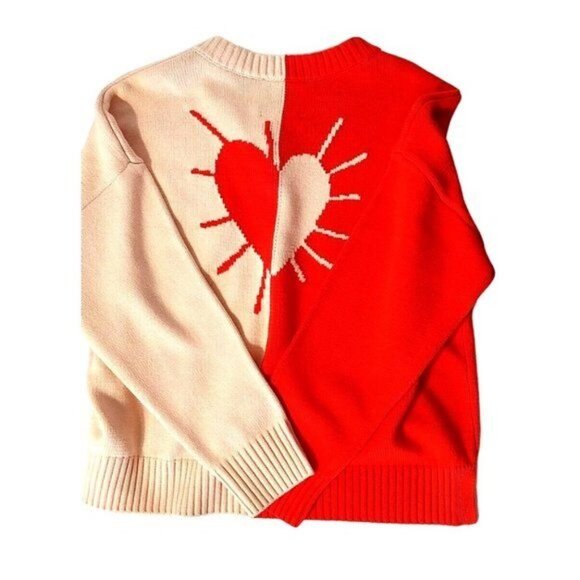 Kerri Rosenthal Sweater M Heart Colorblock V-Neck Knit Red Pink - Picture 6 of 15
